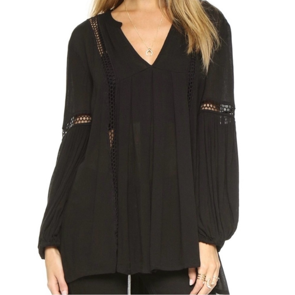 FREE PEOPLE BLACK BABYDOLL LACE INSET TUNIC TOP OVERSIZED MEDIUM 100% RAYON